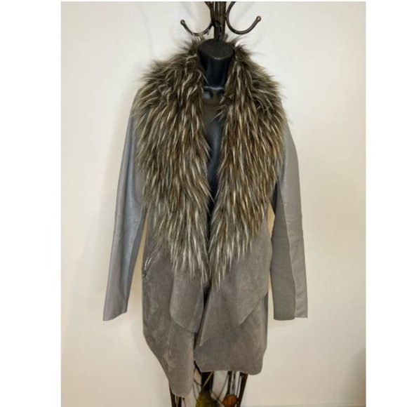 Black Tape Womens Faux Fur Collar Jacket Coat Long Sleeve Zip Pocket Size S Gray - Picture 1 of 4